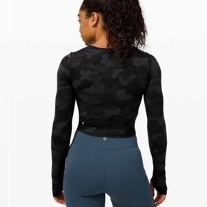 Lululemon Wunder Train Women's Sz 12 Black Gray Camo Long Sleeve Cropped Top